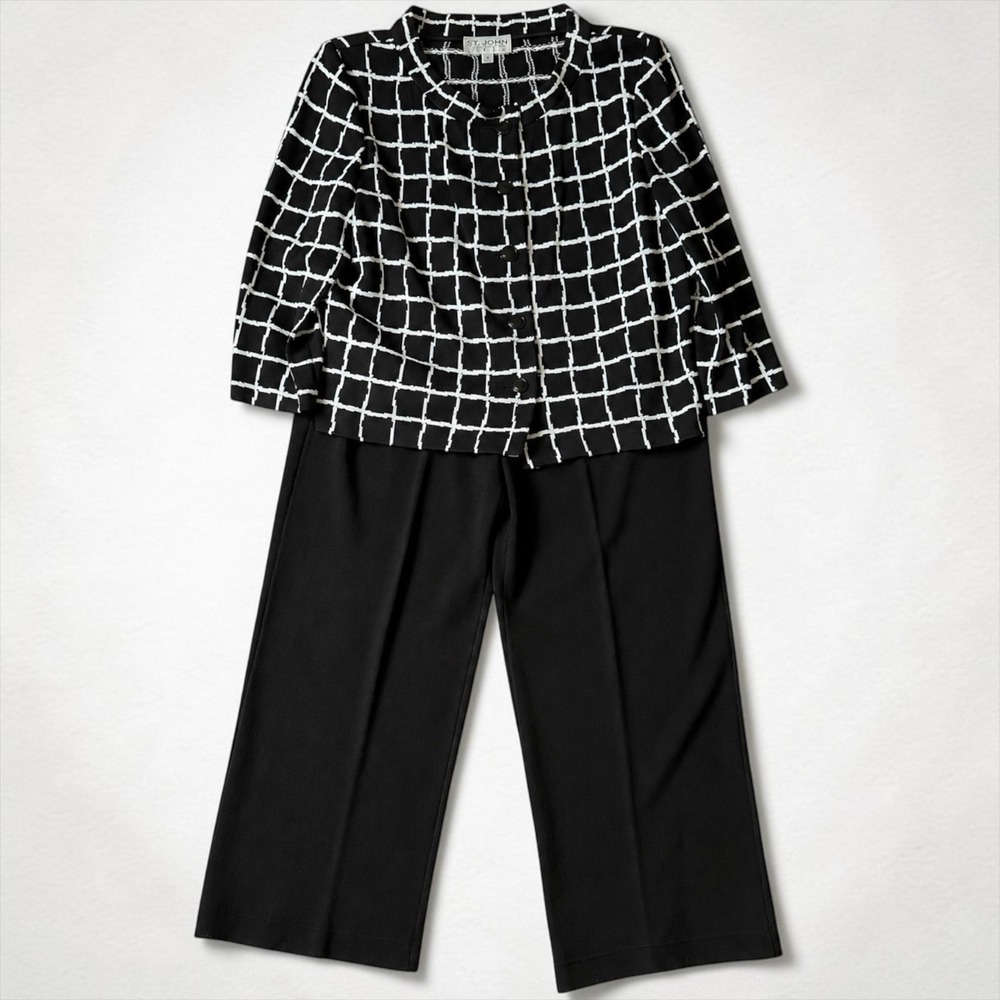 St John Collection Black White Windowpane Knit Pant Suit 14 USA